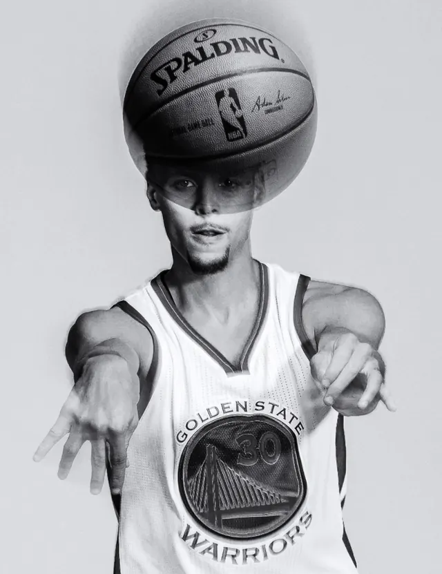 Basketball player portrait with oversized ball, photographic, minimalist, dark