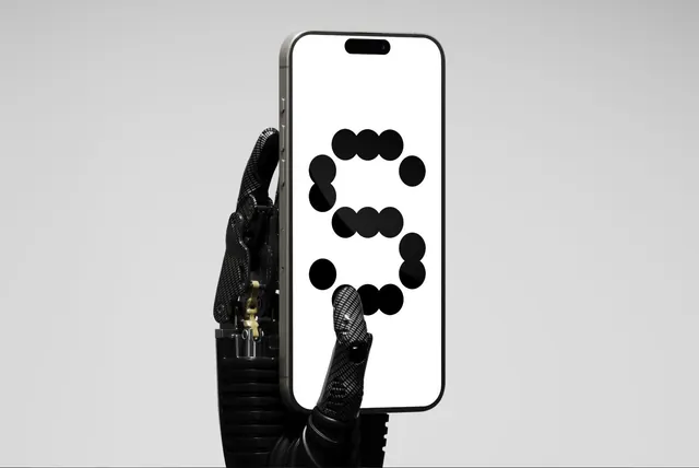 Robotic hand smartphone display, technical, 3d-render, monochrome