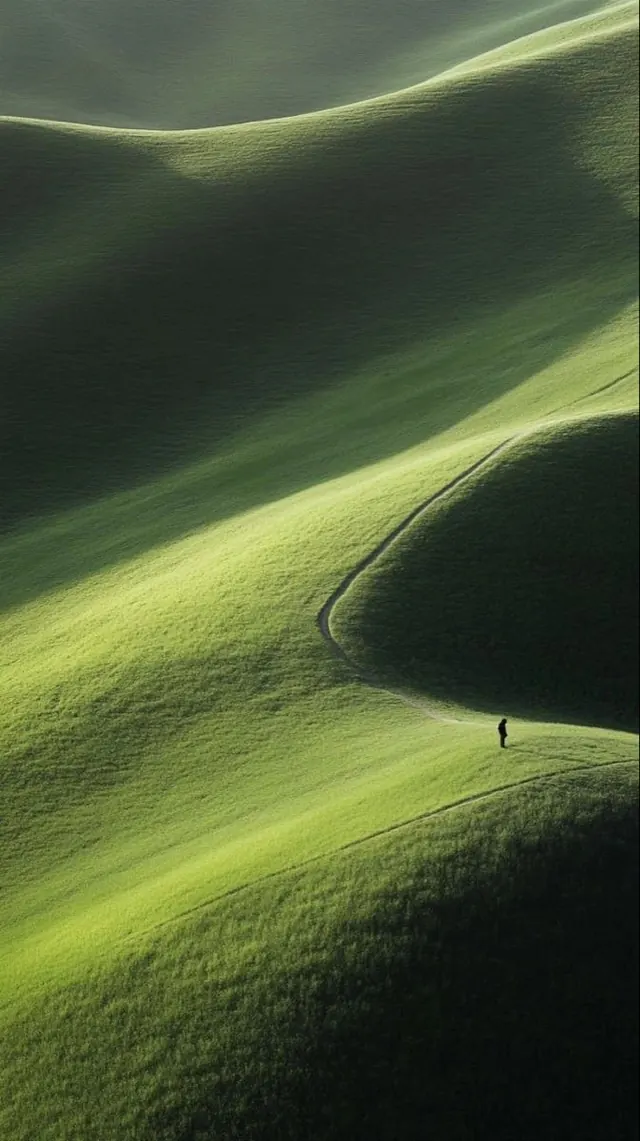 Rolling hills landscape photography with figure, photographic, minimal, earthy