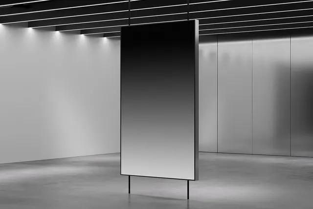 Minimalist interior display panel in modern gallery space, minimal, technical, light