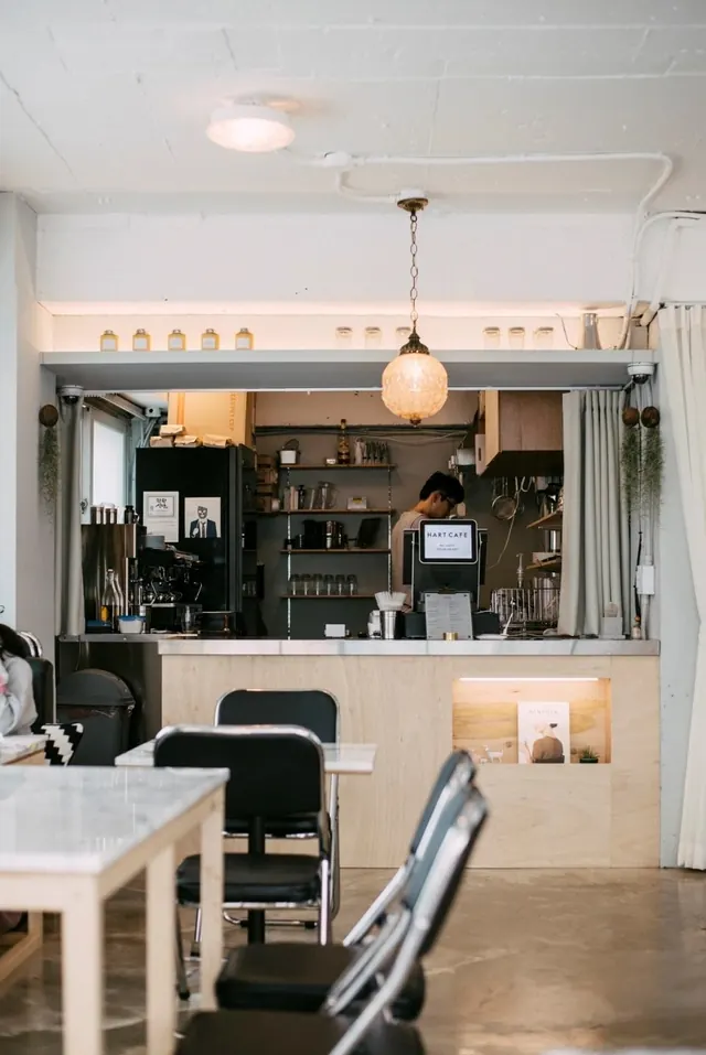 Minimalist café interior, minimal, photographic, light