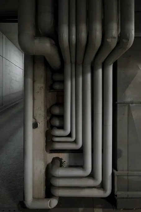 Industrial concrete piping system, photographic, brutalist, dark