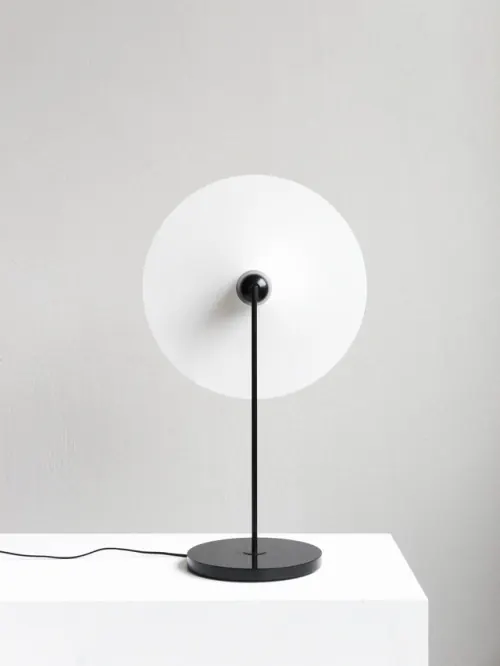 Minimalist table lamp with spherical diffuser, minimal, technical, light