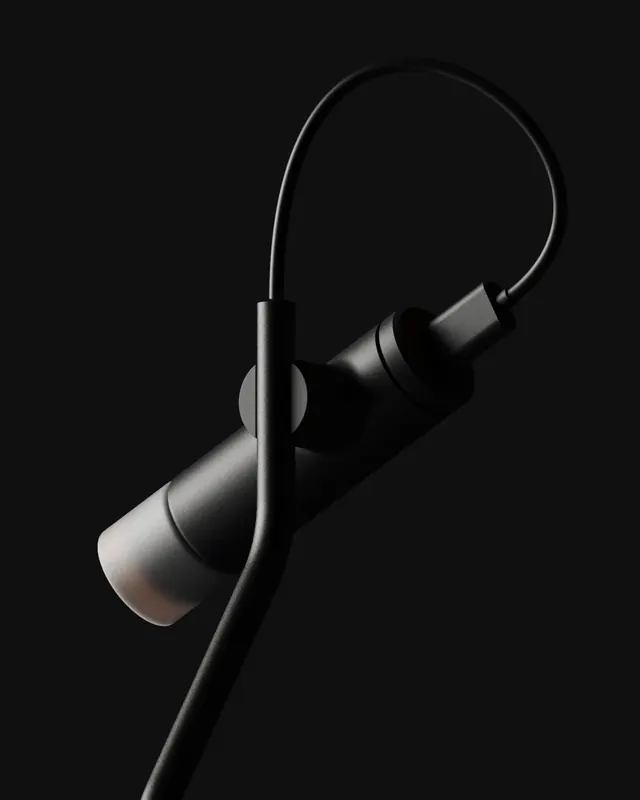 Minimalist earbud product shot, minimal, technical, monochrome