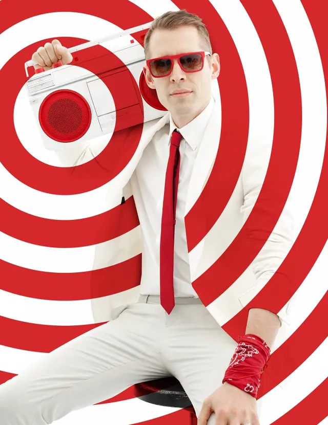 Red and white target suit portrait, photographic, geometric, vibrant