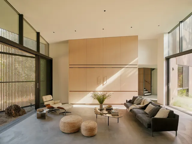 Minimalist open-plan living interior, minimal, corporate-clean, light