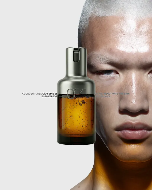 Skincare product with amber glass bottle and close-up face, photographic, minimal, warm