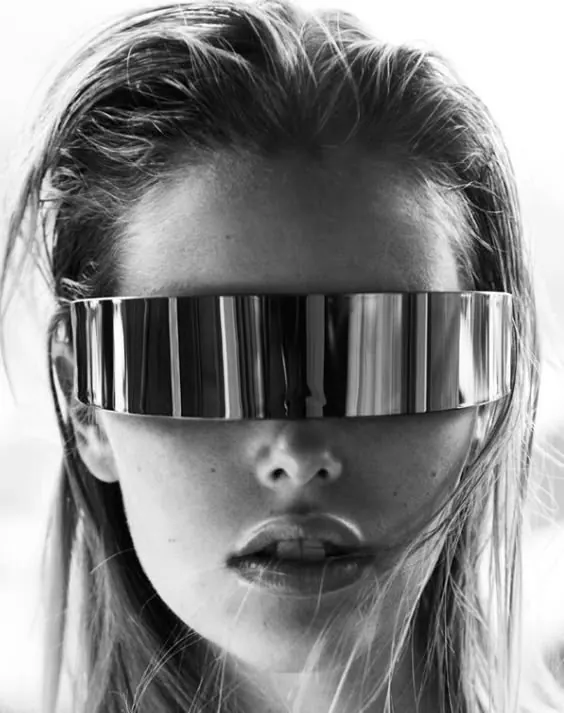 Monochrome portrait with striped geometric overlay, photographic, technical, monochrome