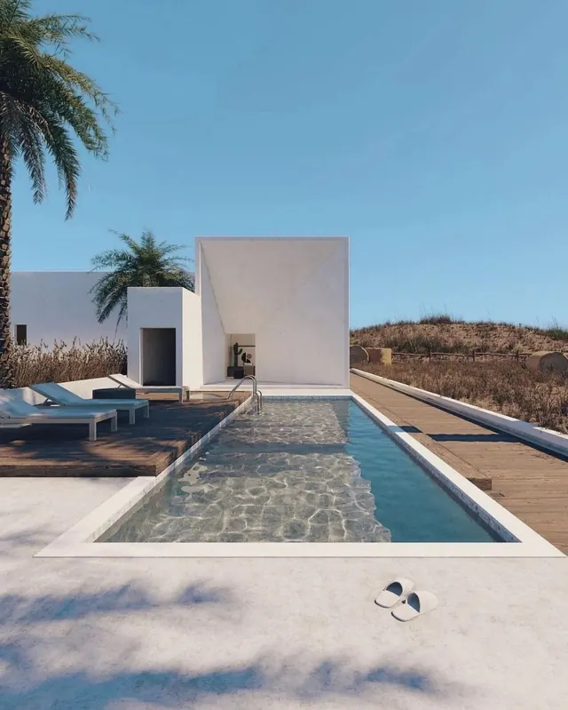 Contemporary minimal desert house pool, photographic, minimalist, light