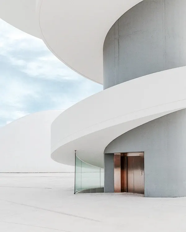 Modernist spiral architecture interior, minimalist, architectural, light
