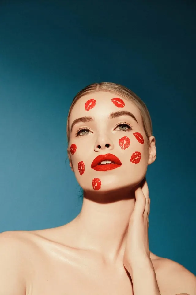 Portrait with lipstick kiss marks, photographic, playful, warm