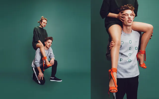 Fashion lookbook two-person portrait, photographic, playful, warm