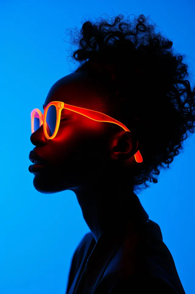 Neon sunglasses on silhouette against blue, 3d-render, gradient-heavy, vibrant