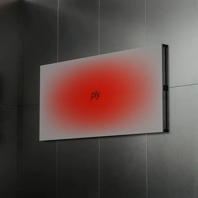 Minimalist art installation with 'ply' text, minimal, gradient-heavy, dark