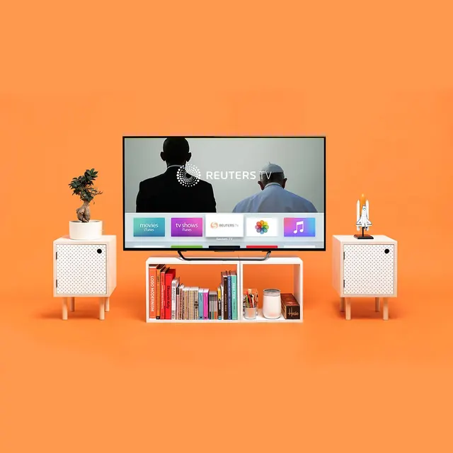 TV setup mockup with bright orange background, photographic, playful, vibrant