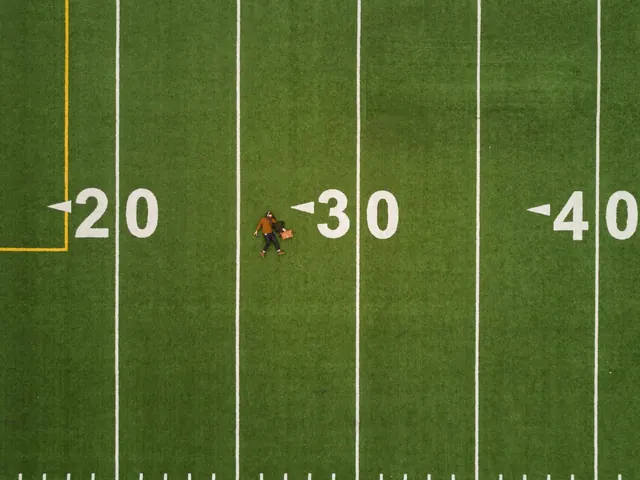 Lone figure on football field, minimal, photographic, earthy