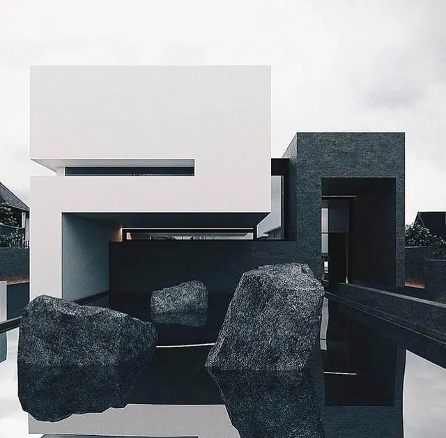 Minimalist concrete house with reflecting pool and boulders, minimal, brutalist, light