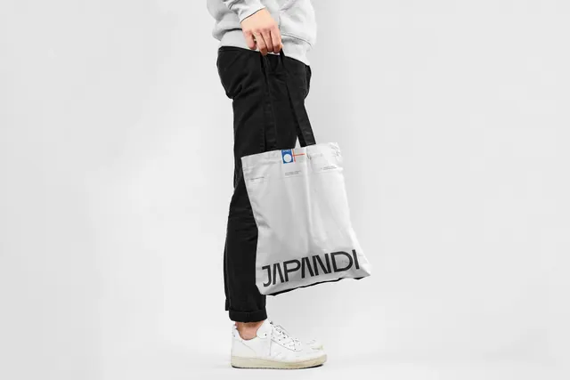 Japandi tote bag product shot, minimal, monochrome, light