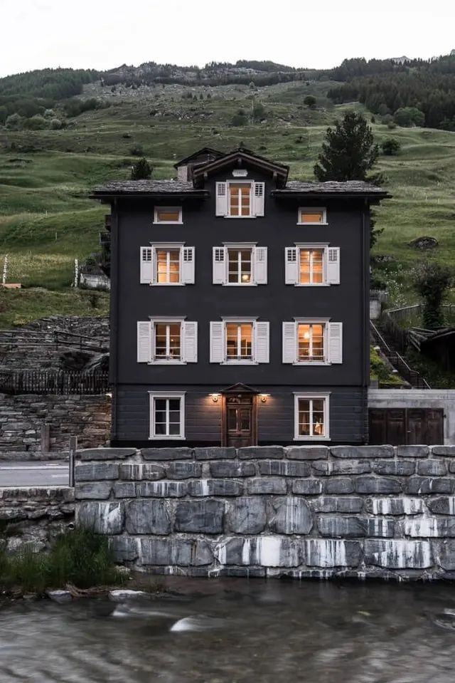 Stone Building with Waterfall
