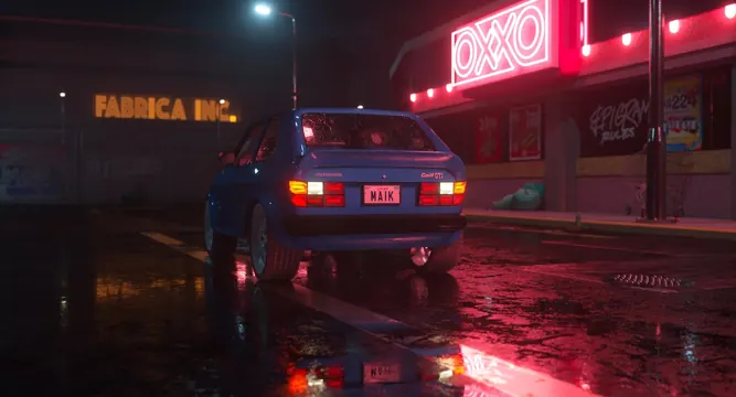 Nighttime Street Scene with Neon Signs