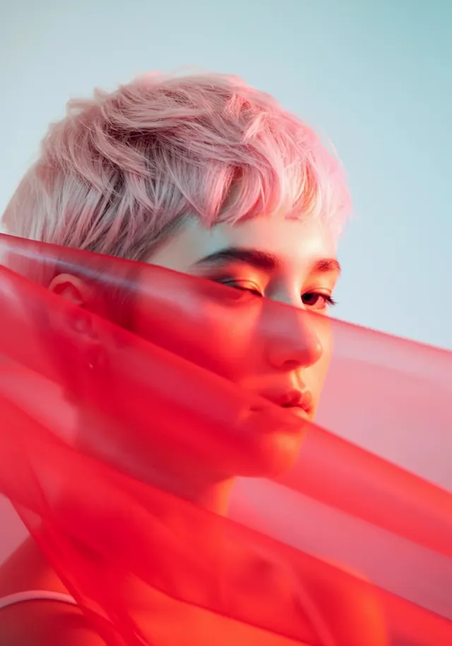 Pink Hair Portrait with Red Overlay, abstract, minimal, vibrant