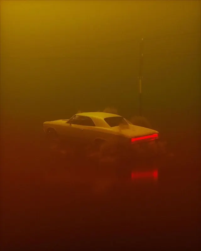 White classic car in dense yellow fog, photographic, dark