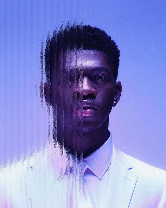 Portrait of man in white suit with glitch effect, photographic, editorial, cool