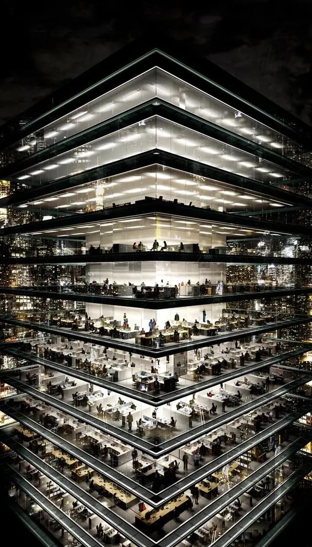 Night aerial view of illuminated office building, photographic, data-dense, dark