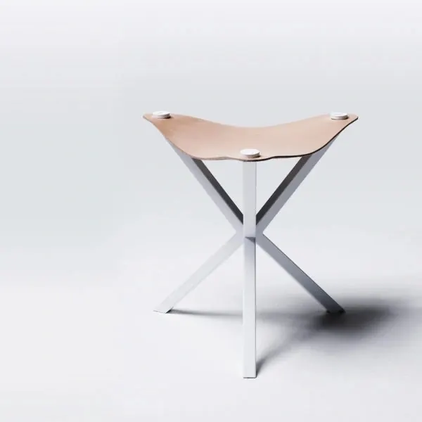Minimal curved leather stool with X-frame legs, minimal, light