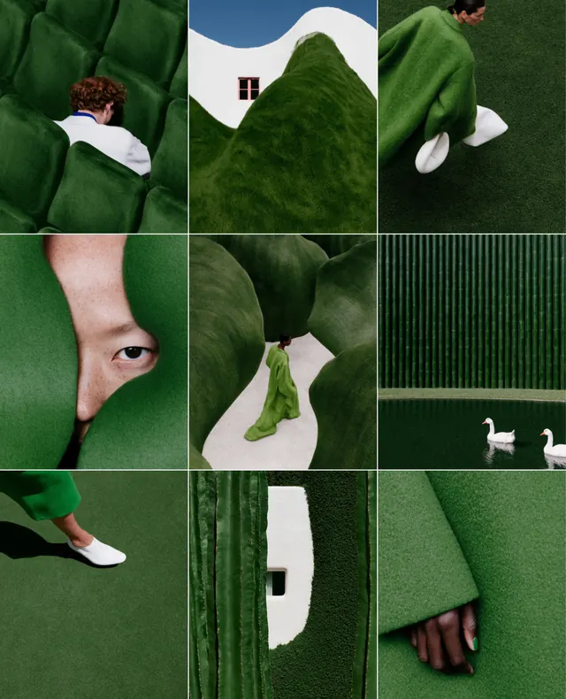 Monochromatic green editorial portfolio carousel, photographic, minimal, monochrome