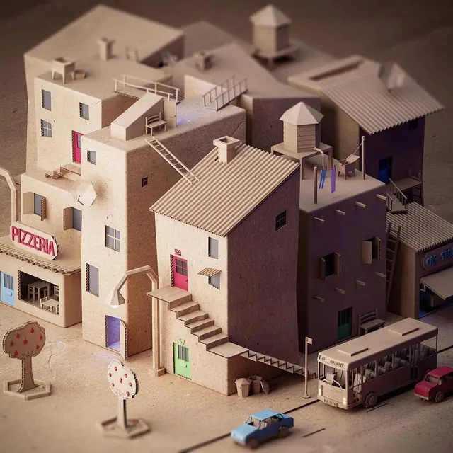 Detailed cardboard miniature city model, photographic, illustrated, warm