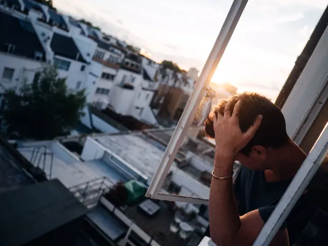 Person looking out of window at cityscape