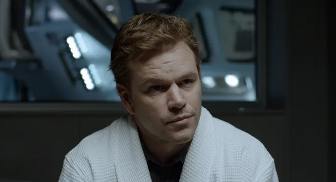 Cinematic close-up portrait in white robe sci-fi interior, photographic, dark-mode, dark