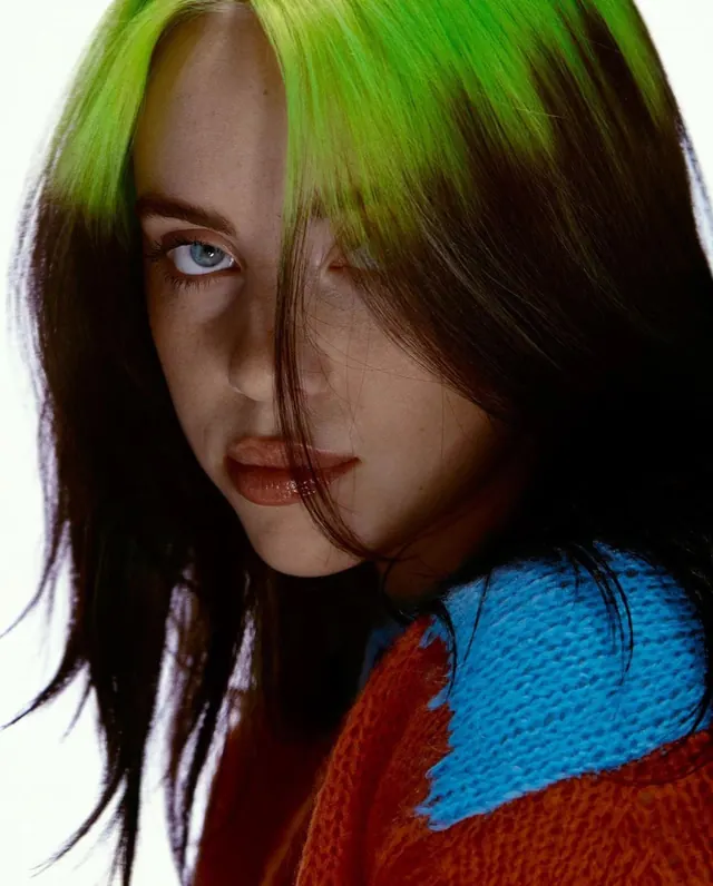 Portrait with split tone and blonde hair, photographic, editorial, vibrant