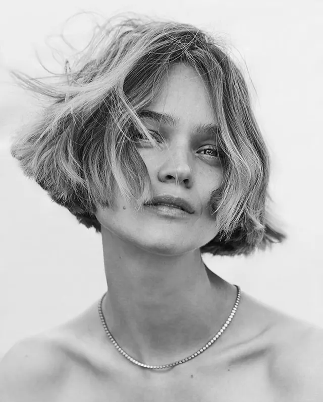 Black and white portrait with layered hair, photographic, monochrome, monochrome