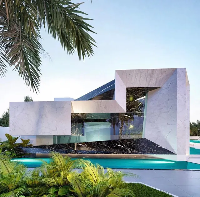 Modernist white house with pool, photographic, minimal, light