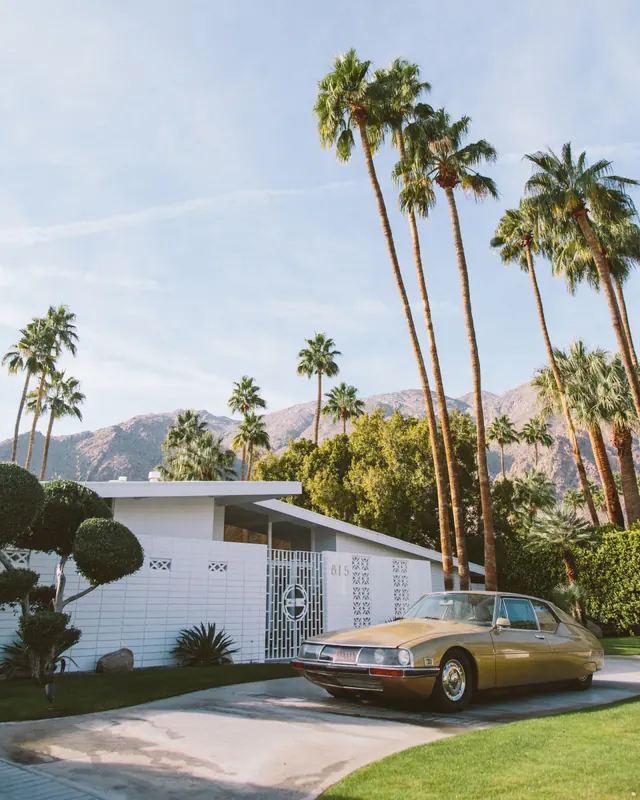 Midcentury house and car lifestyle photograph, photographic, retro, warm