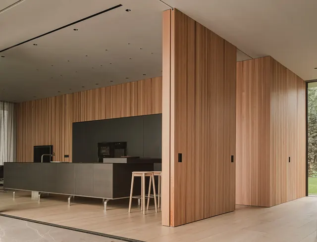 Minimal residence with cedar wood and dark kitchen, minimal, corporate-clean, warm