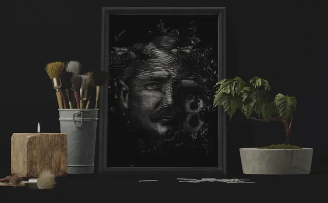 Studio still life with portrait sketch, dark-mode, editorial, dark