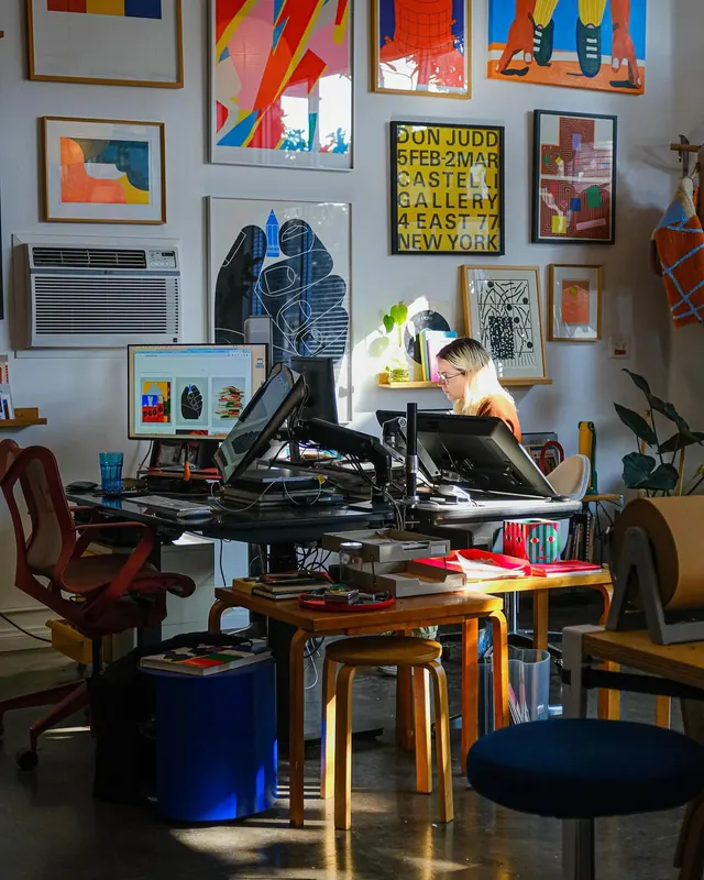 Creative studio workspace, editorial, organic, vibrant