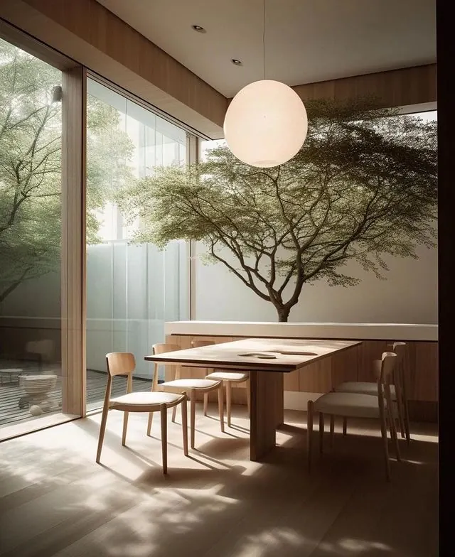 Interior with sphere pendant and tree view, minimal, organic, warm