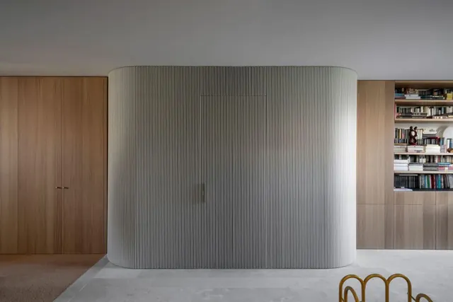 Minimal residence interior with white-ribbed focal wall, minimal, swiss, light