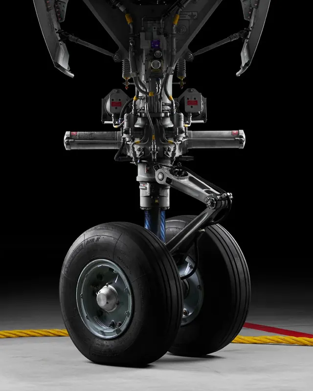 Aircraft landing gear anatomical diagram, technical, minimal, dark