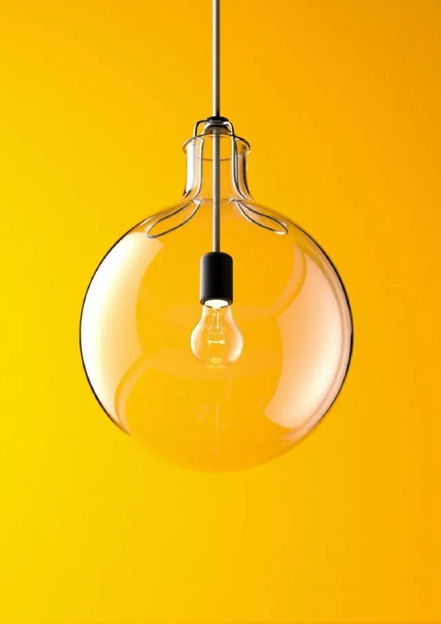 Pendant lamp with incandescent bulb, photographic, light-mode, vibrant