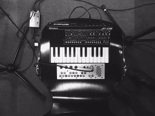 Roland synthesizer setup with cables, technical, dark-mode, dark