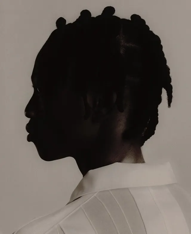Double-exposure portrait silhouette, photographic, minimalist, monochrome