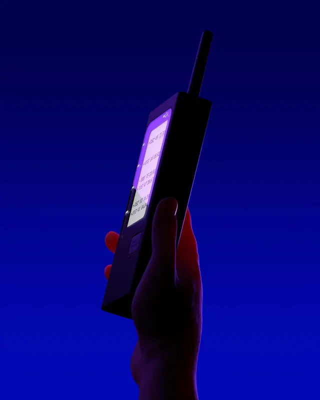 Neon mobile phone in blue studio setting, 3d-render, dark-mode, dark