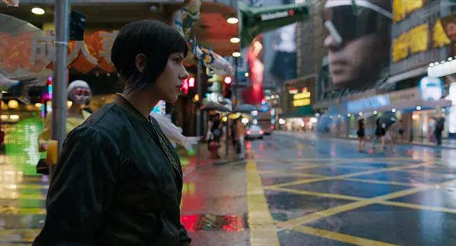 Street scene with neon signage and reflections, photographic, dark-mode, dark