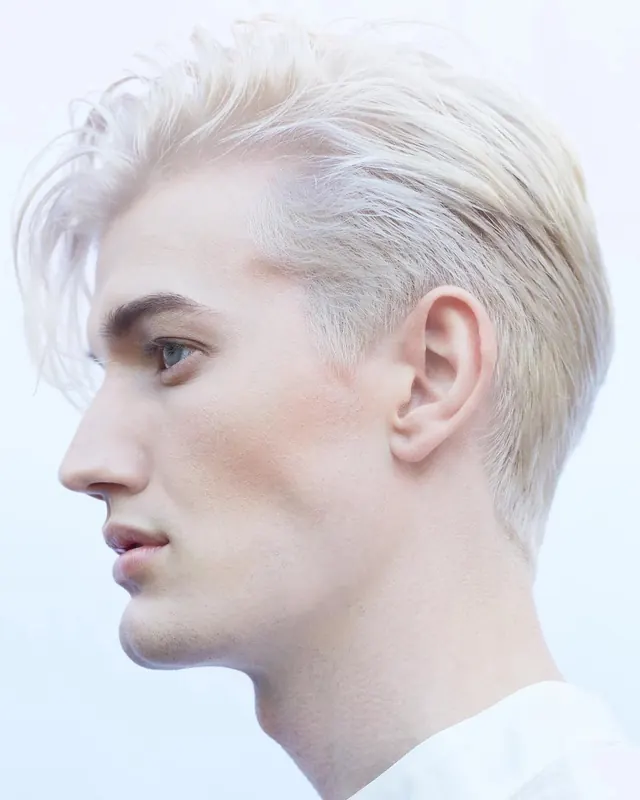 Portrait of person with platinum blonde hair in profile, photographic, minimal, light