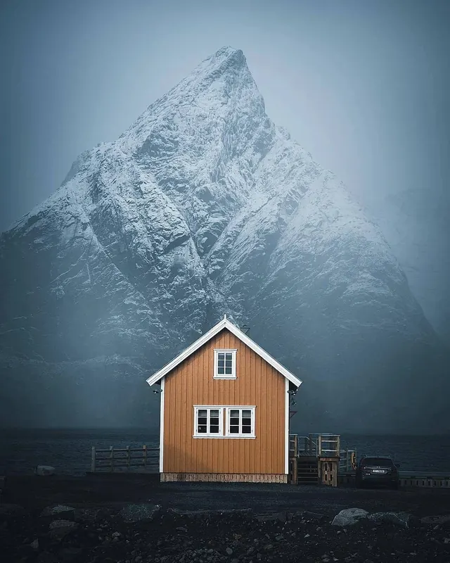 Icelandic mountain cabin landscape, photographic, minimal, cool